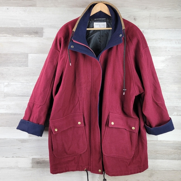 Vintage International Scene Burgundy Felt Wool Full Zip Coat Women's Size XL - Picture 2 of 16